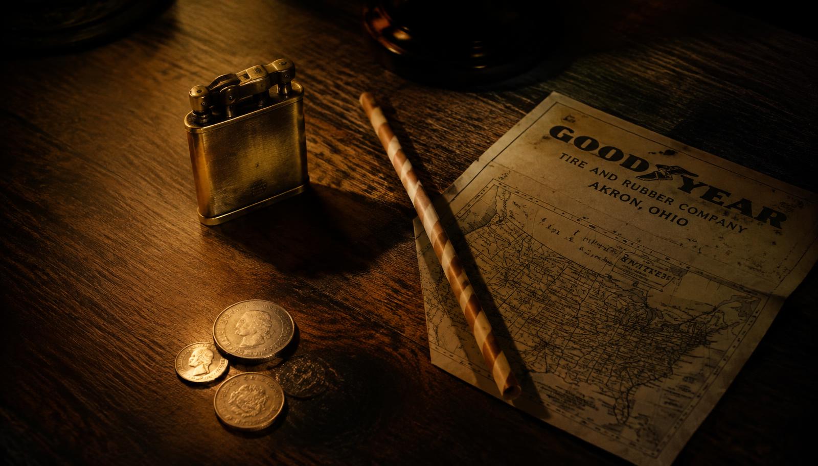 Antique lighter, coins, a paper straw and an old map on a wooden desk